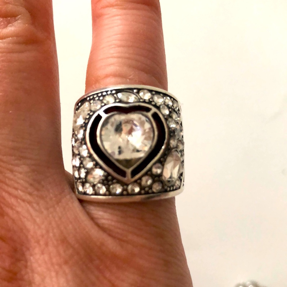 Brighton Ring Heart Crystal multi crystal filigree silver plated metal Excellent